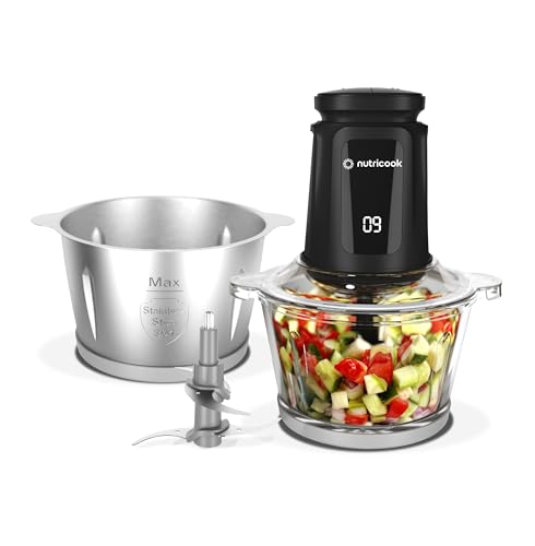 خردکن و خردکن شیشه و SS Nutricook 2+2 L XXL، 500 وات - پالس و 2 سرعت، 2-تیغه 4 SS قابل جابجایی برای خرد کردن، یخ خرد کردن، چرخ کردن گوشت، آسیاب کردن، پوره کردن و غیره - BLk، 2 سال گارانتی، NC-CH2000