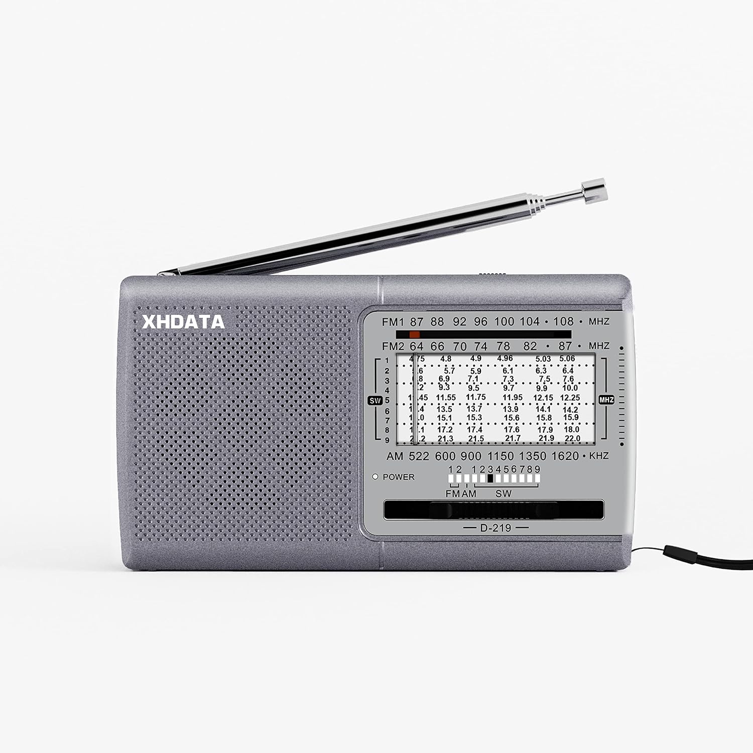 گیرنده موج کوتاه رادیویی جیبی 12 باند XHDATA D-219 AM/FM/SW برای خاکستری خانه یا مسافرت