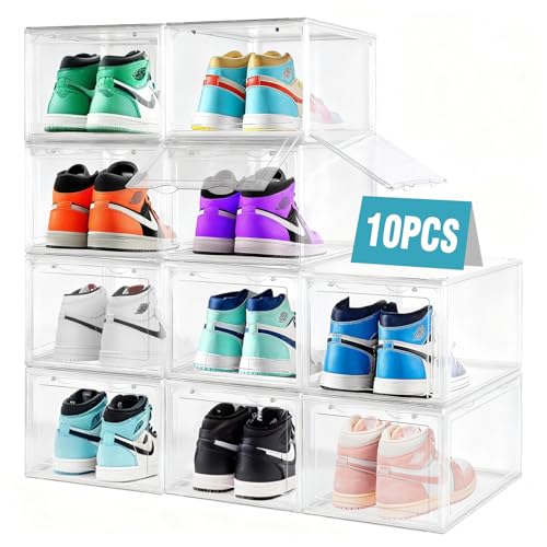 جعبه کفش URbazaar 10 Pack، جعبههای ذخیرهسازی کفش Clear PET قابل انباشته شدن، قاب کفش دربهای مغناطیسی دو بازشو جانبی و جلو، ظروف سازماندهنده کفش برای کفشهای مردانه زنانه، 36.5 x 27.8 x 21.2 سانتیمتر
