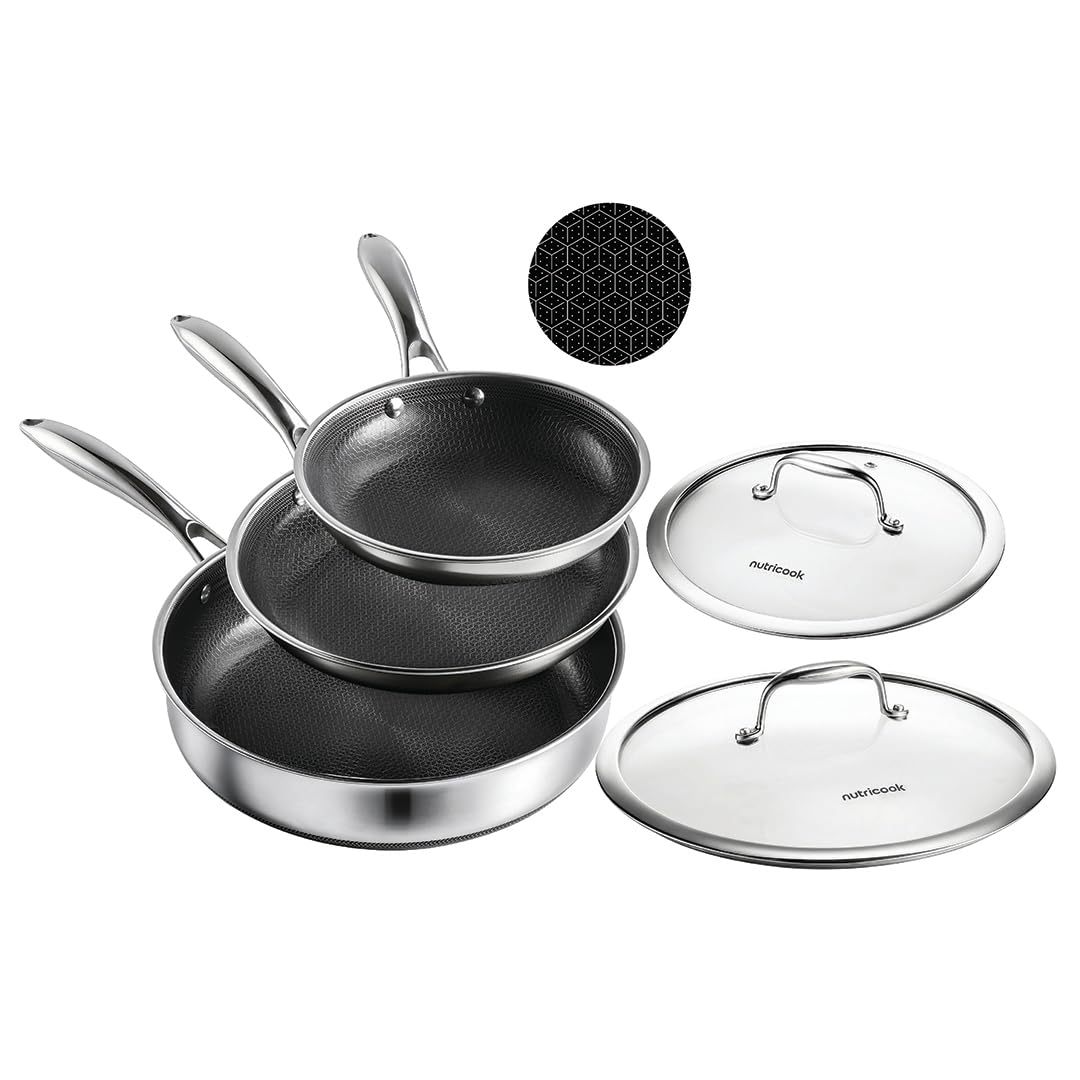 ست ماهیتابه 5 تکه هیبریدی سه لایه Nutricook Eterna – ماهی تابه 20 سانتی متری، ماهی تابه 24 سانتی متری با درب و تابه عمیق 28 سانتی متری با درب، روکش سرامیکی و استیل ضد زنگ، گاوصندوق ظروف فلزی، قابلمه اجاق گاز و ماشین ظرفشویی، القایی