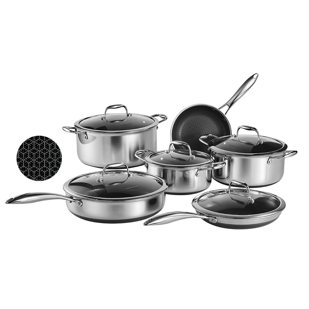 Nutricook Eterna Tri-Ply Hybrid 11 pc Ultimate Family – ماهی تابه 20 سانتی متری، ماهی تابه 24 سانتی متری با درب، ماهی تابه عمیق 28 سانتی متری با درب و کاسه های 20/24/28 سانتی متری با درب – نچسب، گاوصندوق ظروف فلزی، اجاق گاز و القایی