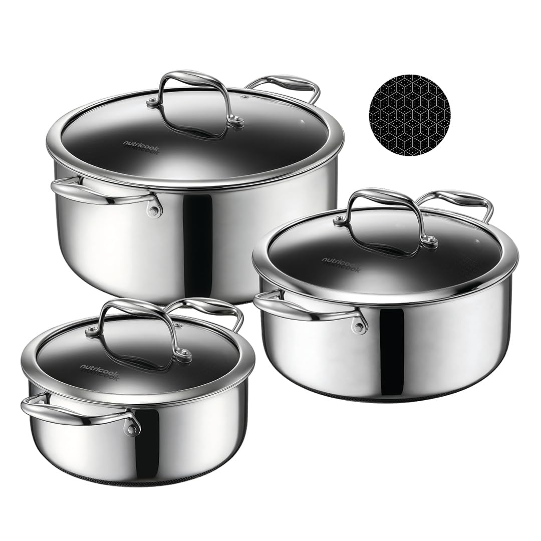 ست 6 تکه کاسرول هیبریدی Tri-Ply Nutricook Eterna (20/24/28 سانتی متر) با درب – روکش استیل و سرامیک ضد زنگ، گاوصندوق فلزی-ظروف، قابل شستشو در اجاق گاز و ماشین ظرفشویی، القایی و سازگار با همه اجاق ها