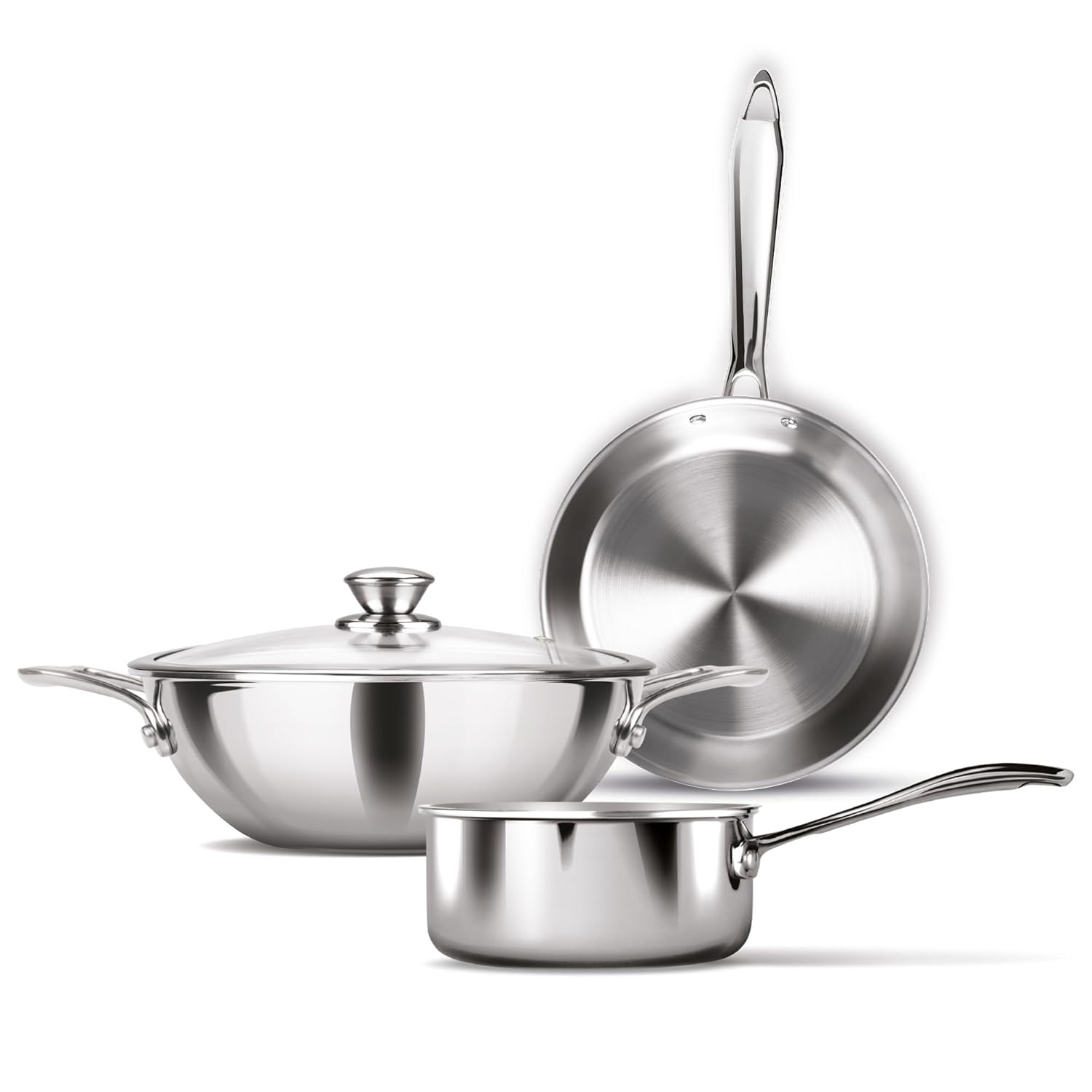 MILTON Pro cook Procook Triply Induction Base ظروف 3 عددی استیل ضد زنگ | تابه 14 سانتی متری، ماهی تابه 24 سانتی متری، کادای 24 سانتی متری با درب شیشه ای 24 سانتی متری، نقره ای | قابل شستشو در ماشین ظرفشویی | غذای سالم | شعله ایمن