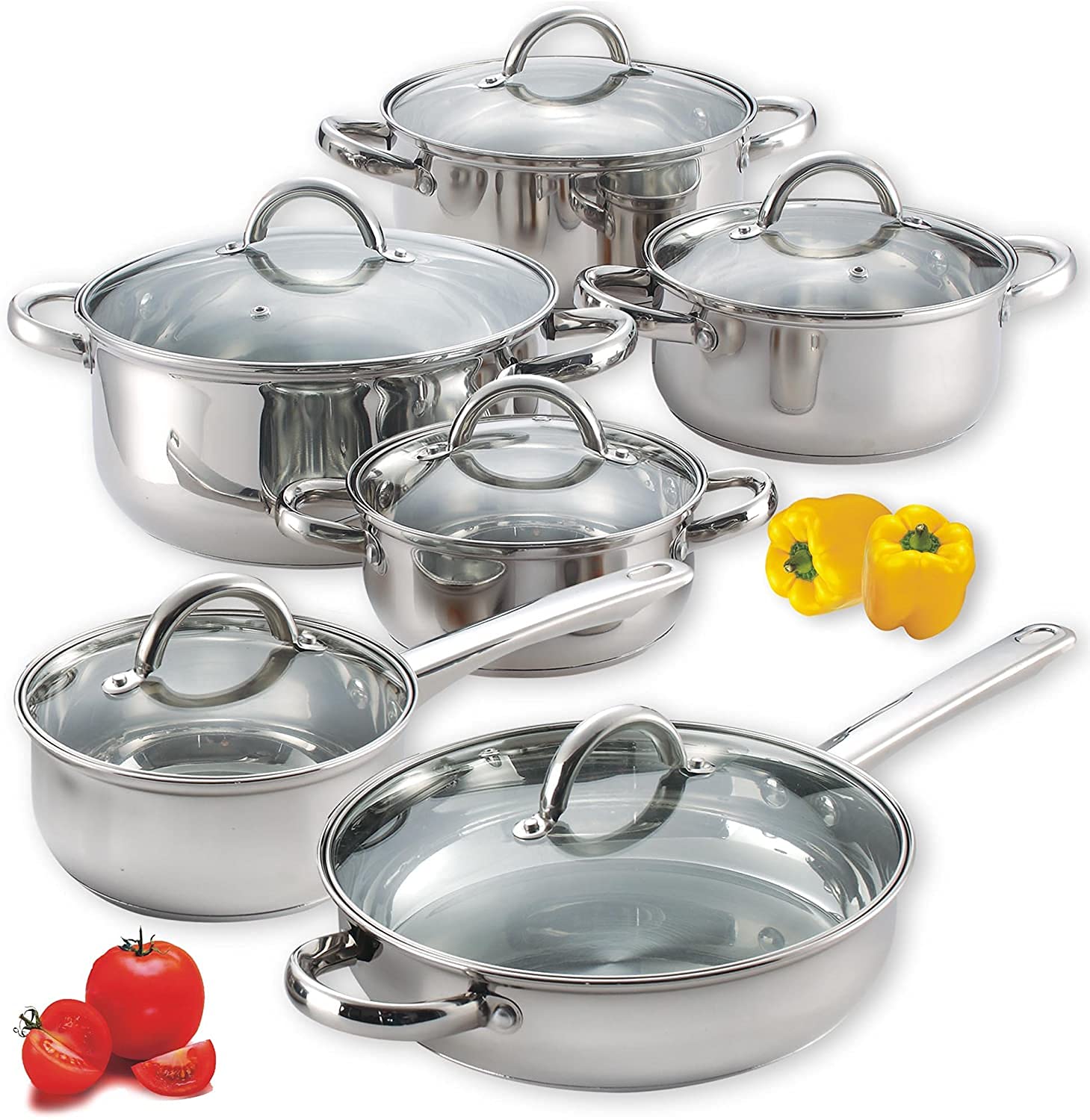 Cook N Home ظروف استیل نقره ای 12 تکه NC-00250 | دسته خنک، سازگار با القایی، قابل شستشو در ماشین ظرفشویی و فر