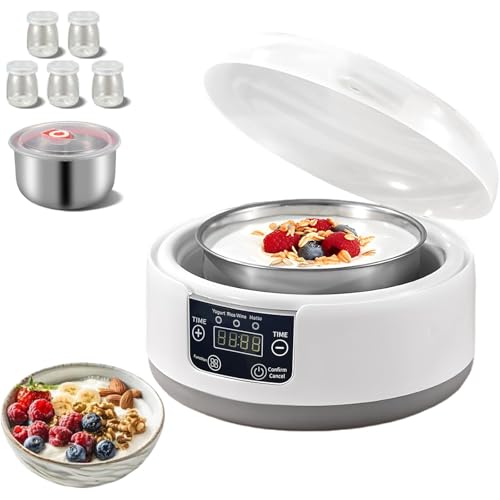 ماست ساز خودکار دستگاه ماست ساز خودکار با تایمر و کنترل دما 1.2 لیتری استیل ضد زنگ، 5 لیوان شیشه ای نمایشگر LCD کنترل دقیق میکرو کامپیوتر برای ماست وگان و DIY (شاخه بریتانیا)