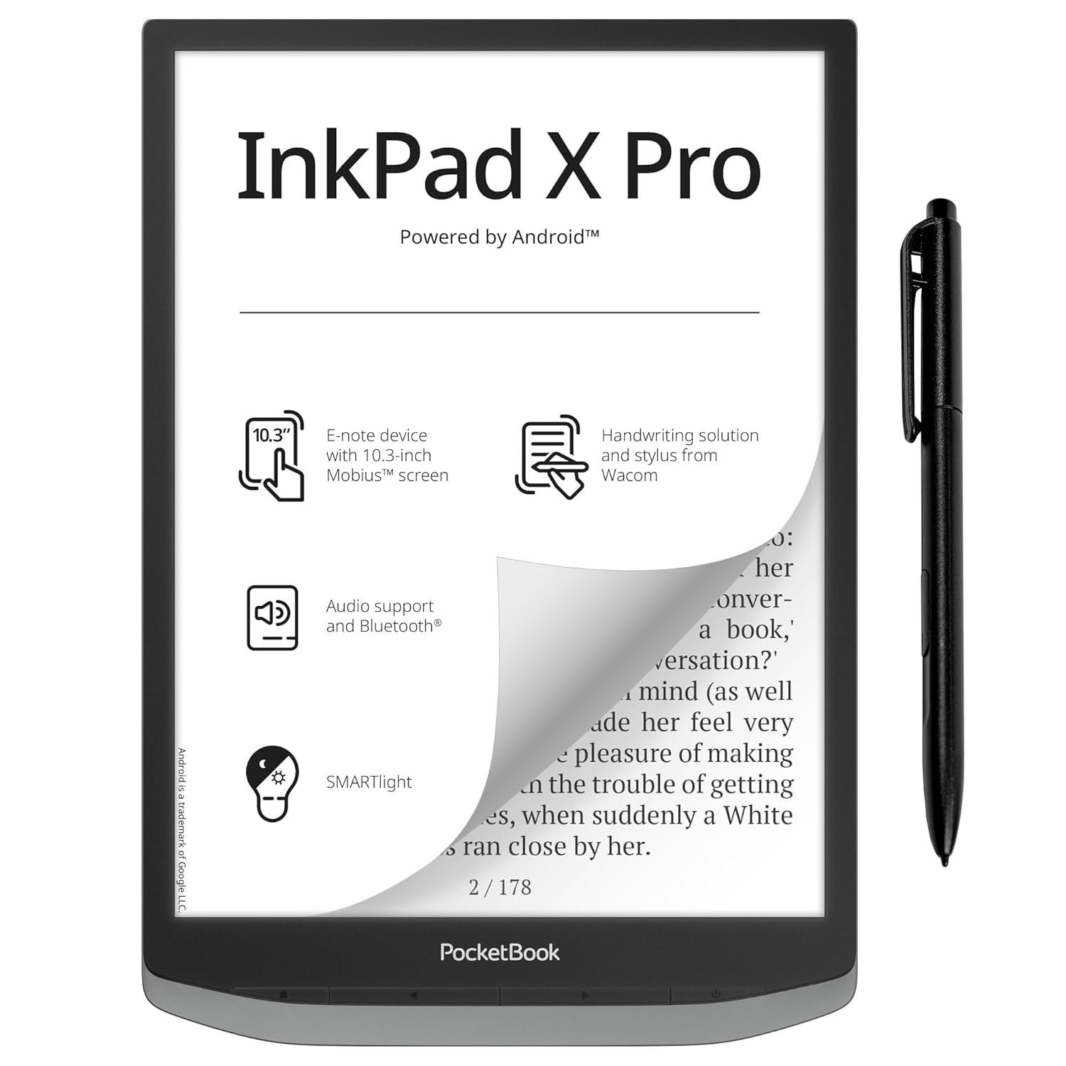 PocketBook InkPad X Pro E-Reader & E-Note | E-Ink Notepad | دست خط-ویژگی و قلم | صفحه نمایش 10.3 اینچی Mobius™ بدون تابش خیره کننده | ارائه شده توسط اندروید | SMARTlight | کتابخوان صوتی و الکترونیکی | بلوتوث و وای فای