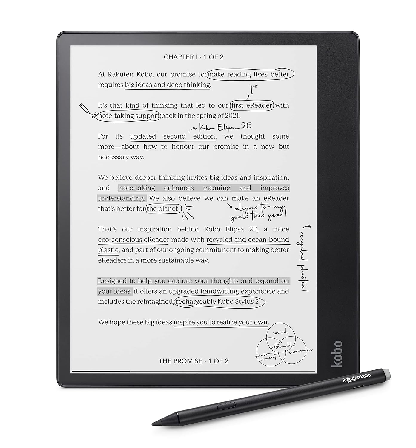 Kobo Elipsa 2E eReader 10.3 اینچی صفحه لمسی بدون تابش نور با ComfortLight PRO شامل روشنایی قابل تنظیم Kobo Stylus 2 فناوری Wi-Fi Carta E Ink با فضای ذخیره سازی 32 گیگابایتی، مشکی (N605-KU-BK-K-BU) | صفحه نمایش لمسی 10.3 اینچی، ComfortLight PRO، شامل قلم 2، بلوتوث، کتاب های الکترونیکی، کتاب های صوتی، 32 گیگابایت