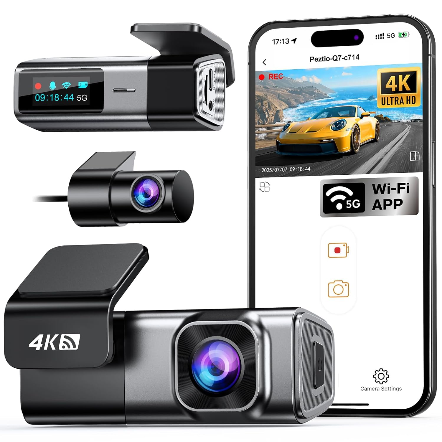 Dash Cam Car جلو 4K + 1080P، Navycrest 5GHz وای فای Dash Cam با کارت SD 32GB، دوربین دوگانه خودرو با دید در شب فوق العاده، WDR، G-Sensor، نظارت بر پارک 24/7، ضبط حلقه، کنترل برنامه، حداکثر