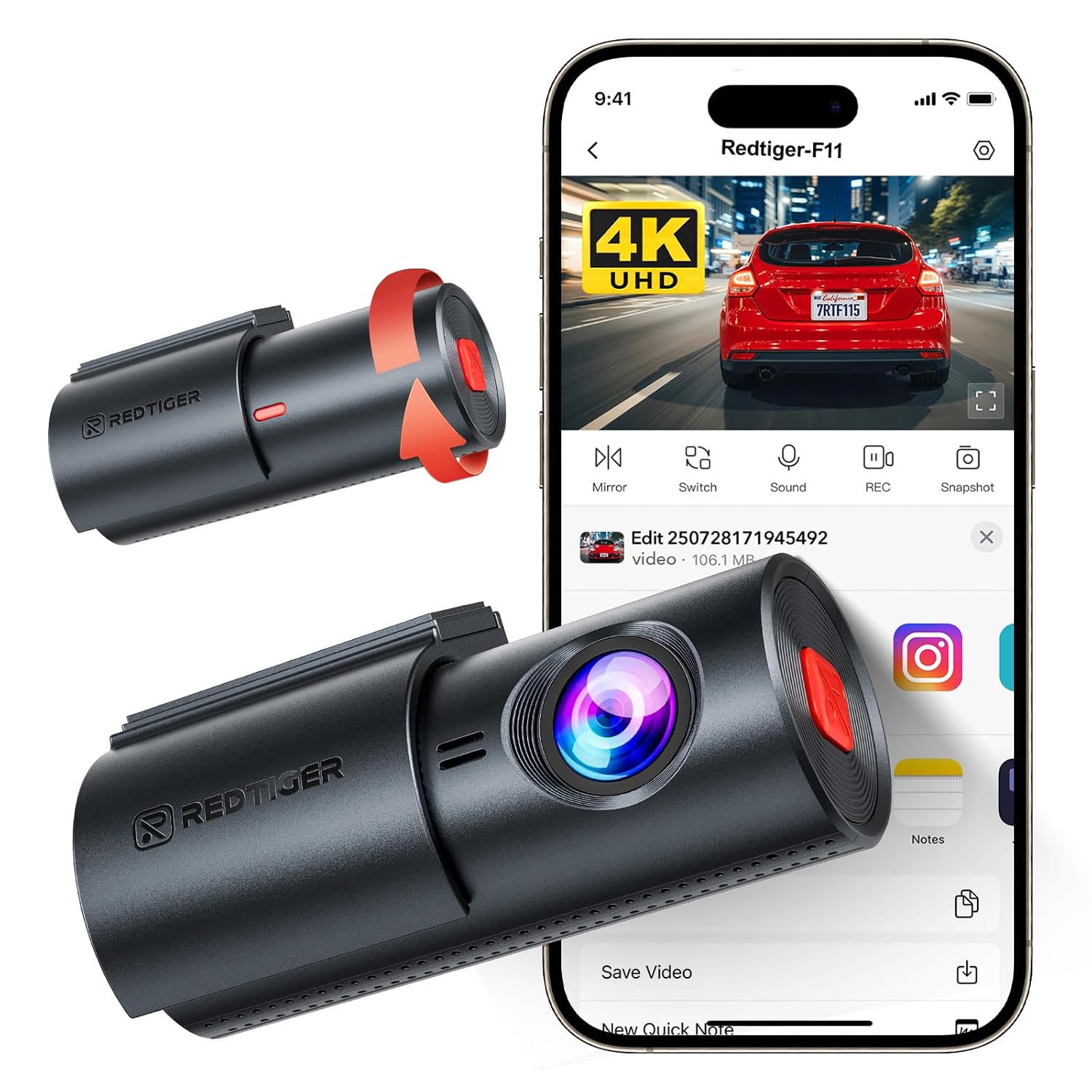 REDTIGER 4K Dash Cam جلو، مینی داش کم با WiFi، دوربین ضد سرقت خودرو با دید در شب، WDR، حالت پارک 24 ساعته، ضبط حلقه، نصب دو مرحله ای، کارت 32 گیگابایتی همراه، پشتیبانی از حداکثر 256 گیگابایت (F11)