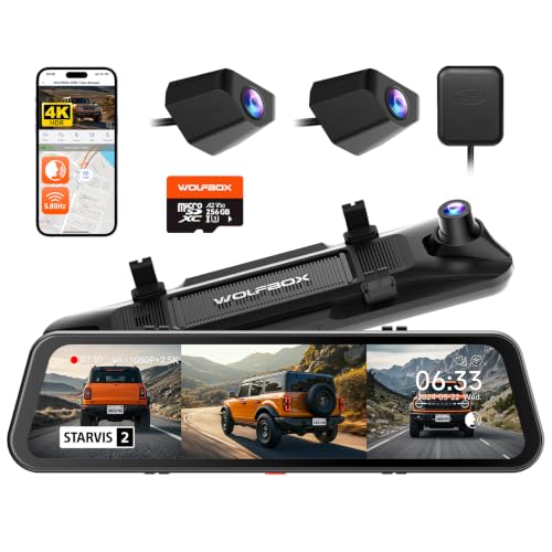 سپر WOLFBOX G900 Tripro نسخه 3 کانال 4K Mirror Dash Cam، STARVIS 2 IMX678 Night Vision، 4K+2.5K+1080P سپر جلو و عقب داش کم، 5.8GHz WiFi، کنترل صوتی، شامل کارت 256GB و GPS | کارت 256 گیگابایتی، دوربین 12 اینچی 4K+2.5K+1080P سپر جلو و عقب، دید در شب، وای فای 5.8 گیگاهرتز، کنترل صوتی، GPS، شاسی بلند کامیون خودرو