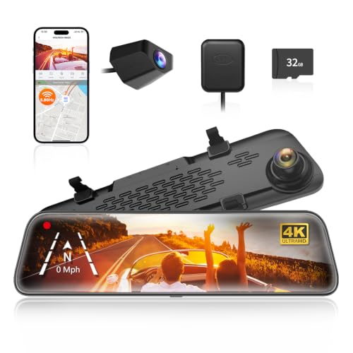دوربین پشتیبان 4K Mirror Dash Cam WOLFBOX G840S 12 اینچی، آینه دید عقب هوشمند وای فای 5.8 گیگاهرتزی برای خودروها و کامیون ها، دوربین های دوگانه جلو و عقب، دید در شب، کمک پارک، کارت 32 گیگابایتی و GPS گنجانده شده است.