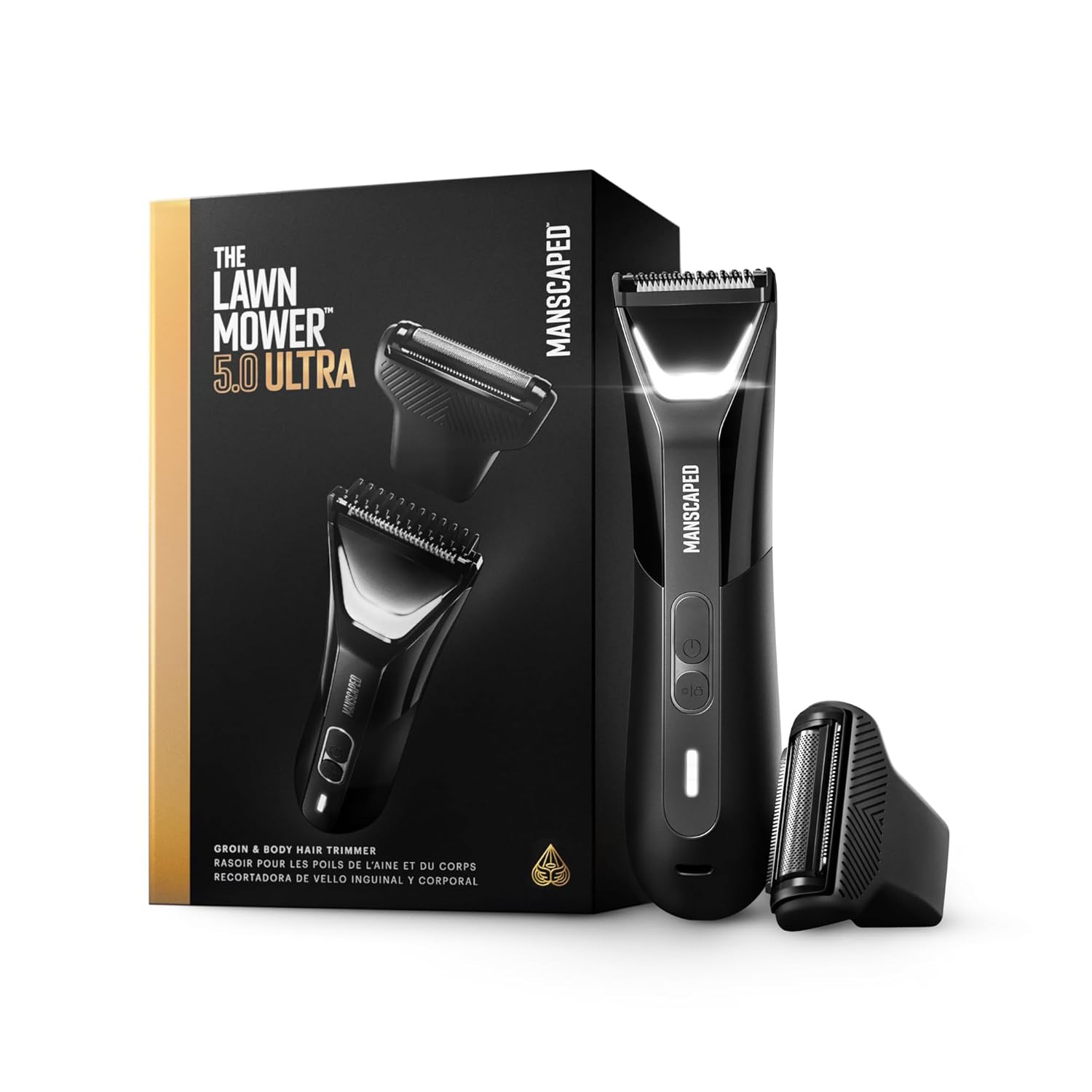 MANSCAPED® The Lawn Mower® 5.0 ULTRA Mower & Body Hair Trimmer – Dual-Head SkinSafe® Trimmer & Foil Fail، ضد آب مرطوب/خشک گرومر، USB-C قابل شارژ با کیف مسافرتی، ماشین اصلاح توپ مردانه، مشکی