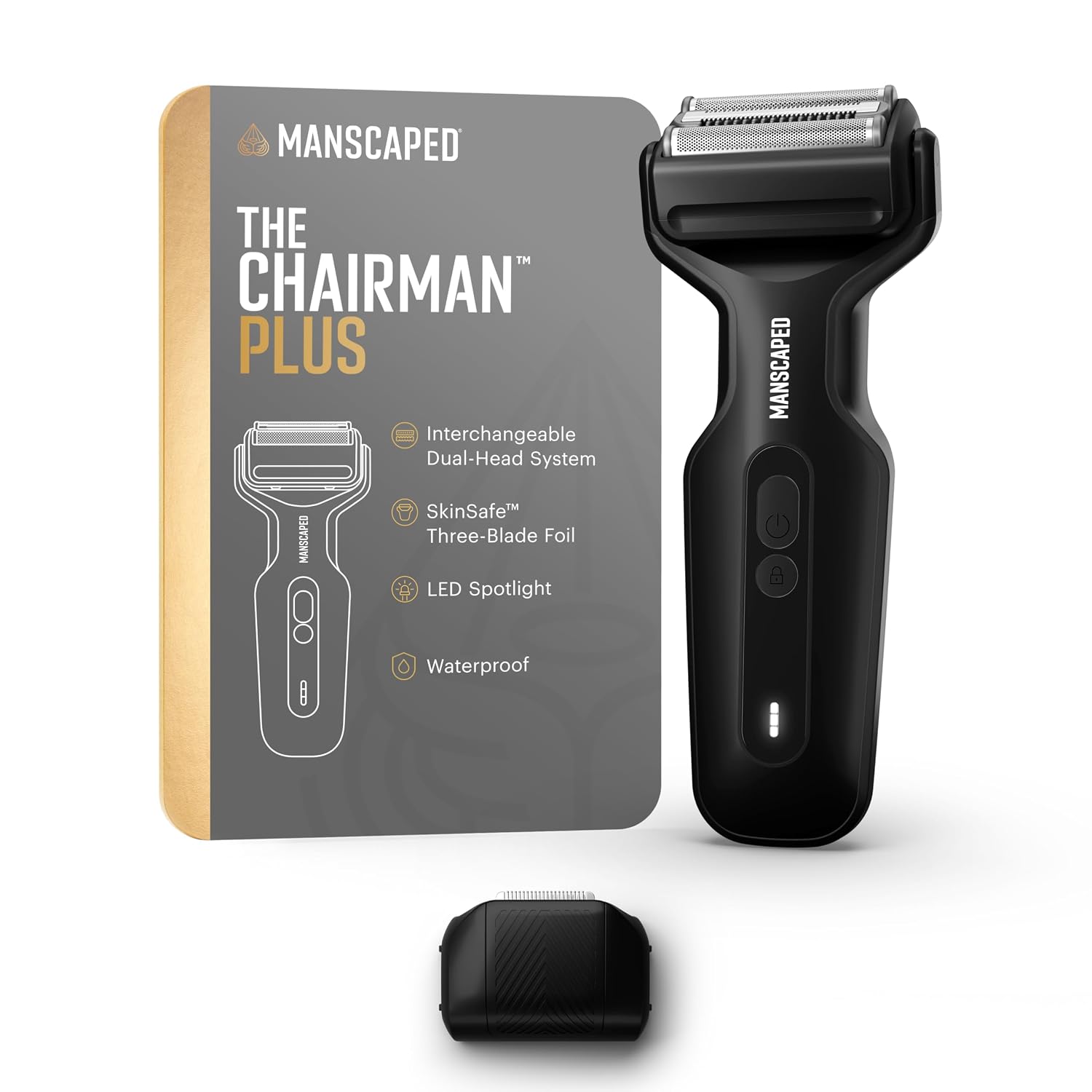 ماشین اصلاح صورت فویل برقی مردانه MANSCAPED® The Chairman™ Plus - دو سر تیغه قابل تعویض، فویل سه تیغه SkinSafe® و سایدبرن دقیق و خط فک، شارژ USB-C، ملایم در ناحیه گردن