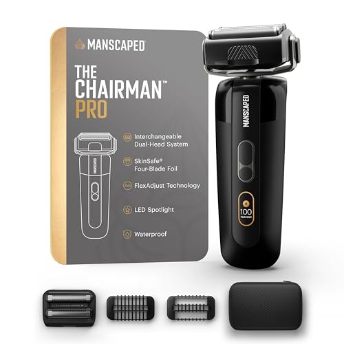 ریش تراش فویل مردانه MANSCAPED® The Chairman™ PRO - دو سر تیغه قابل تعویض، فویل و صاف کننده چهار تیغه SkinSafe®، ریش تراش صورت با شارژ سازگار با USB-C و بی سیم، قفل مسافرتی