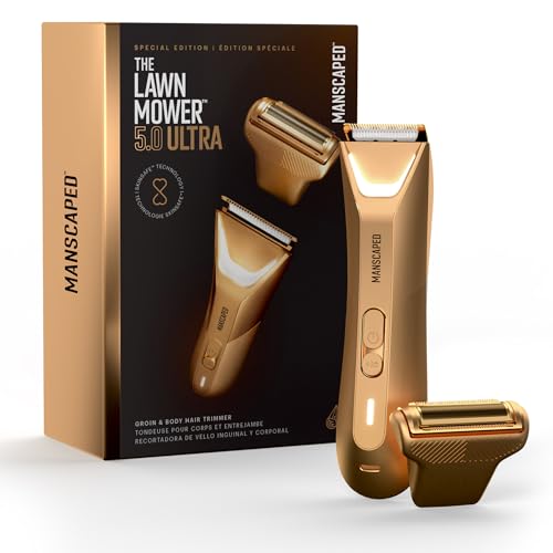 MANSCAPED® The Lawn Mower® 5.0 Ultra Mower & Body Hair Hair - Dual-Head SkinSafe® Trimmer & Foil Fail، Groomer ضد آب، USB-C قابل شارژ با کیف مسافرتی، ماشین اصلاح توپ مردانه، طلای جعلی