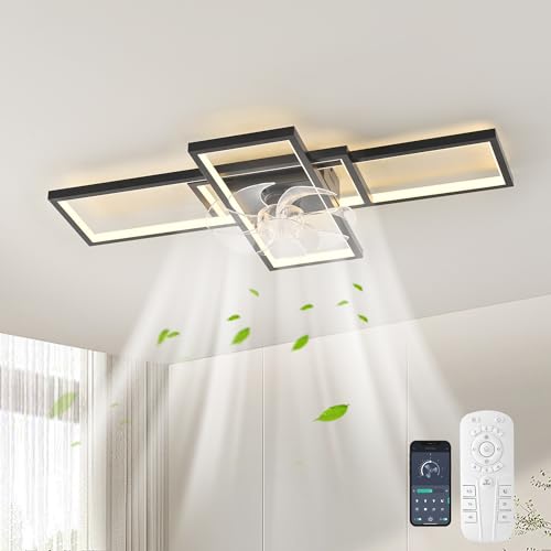 پنکه سقفی GEADI با چراغ و ریموت، LED کم پروفیل، 6 سرعته، مشکی