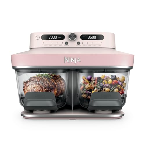 سرخکن بدون روغن شیشهای Ninja Crispi DualZone 6-in-1 مدل DD101PK1 – دو محفظه 4 کوارت، توان 1785 وات، دمای 232 درجه، رز کوارتز