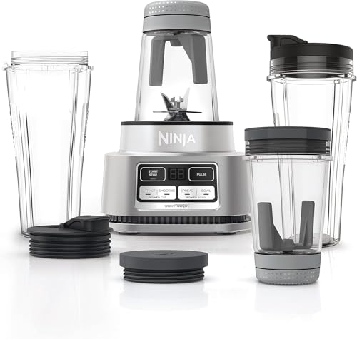 مخلوط کن Ninja Foodi Power Nutri 2-in-1، کاسه های اسموتی ترکیبی، اسپری های غلیظ و نوشیدنی های منجمد، برنامه های خودکار، کاسه 700 میلی لیتری و کاسه 400 میلی لیتری با دست و پا مخلوط کن، 1100 وات، نقره ای، CB102ME، 2 سال گارانتی