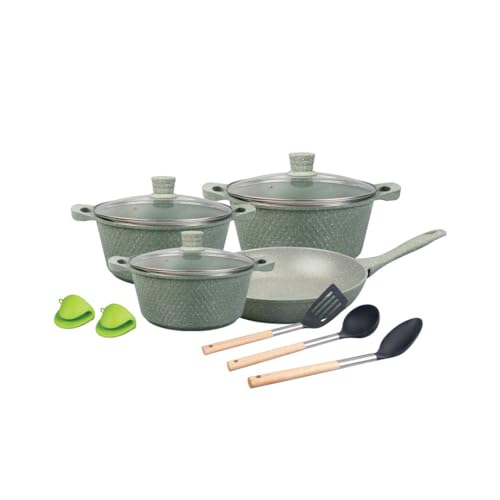مجموعه ظروف نچسب آلومینیومی رویالفورد 12 عددی Chef Pride Die Cast RF12488 گرانیت روکش شده با ضخامت 2.5 میلی متر، پایه القایی، دسته های باکلیت و ست های رنگی درب شیشه ای سکوریت شده