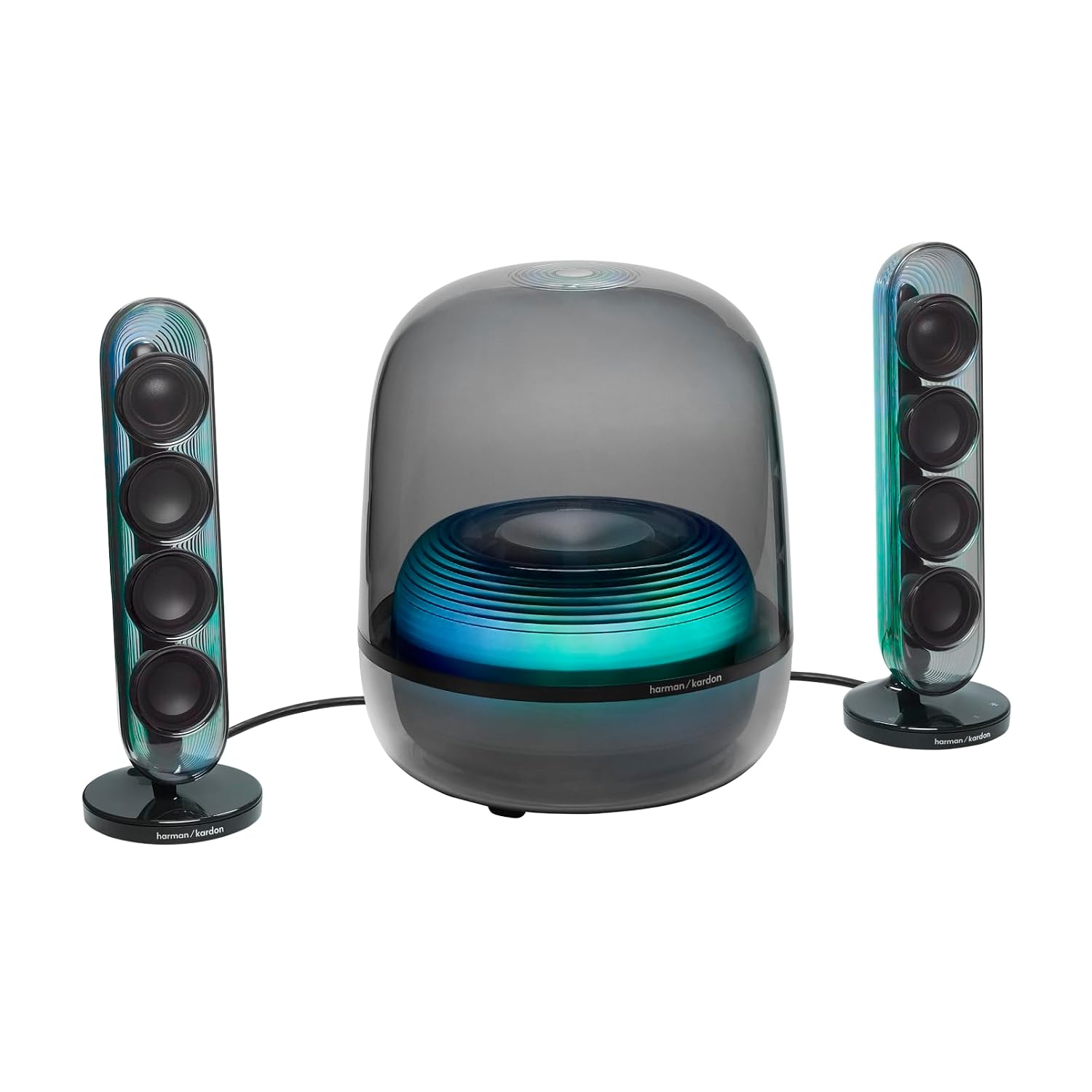 بلندگوی بلوتوث 5 Harman Kardon SoundSticks، طراحی بلندگوی 3 طرفه، اتصال HDMI ARC با یک کابل، اتصال چند بلندگوی Auracast، نمایش نورهای رنگارنگ، مشکی