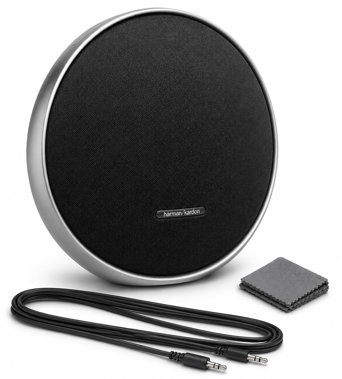 مجموعه بلندگوهای بلوتوث قابل حمل Harman Kardon Onyx Studio 9، تنظیم خودکار، باتری داخلی، شارژر USB، دسته آلومینیومی + کابل AUX + پارچه تمیزکننده، خانه بیسیم و