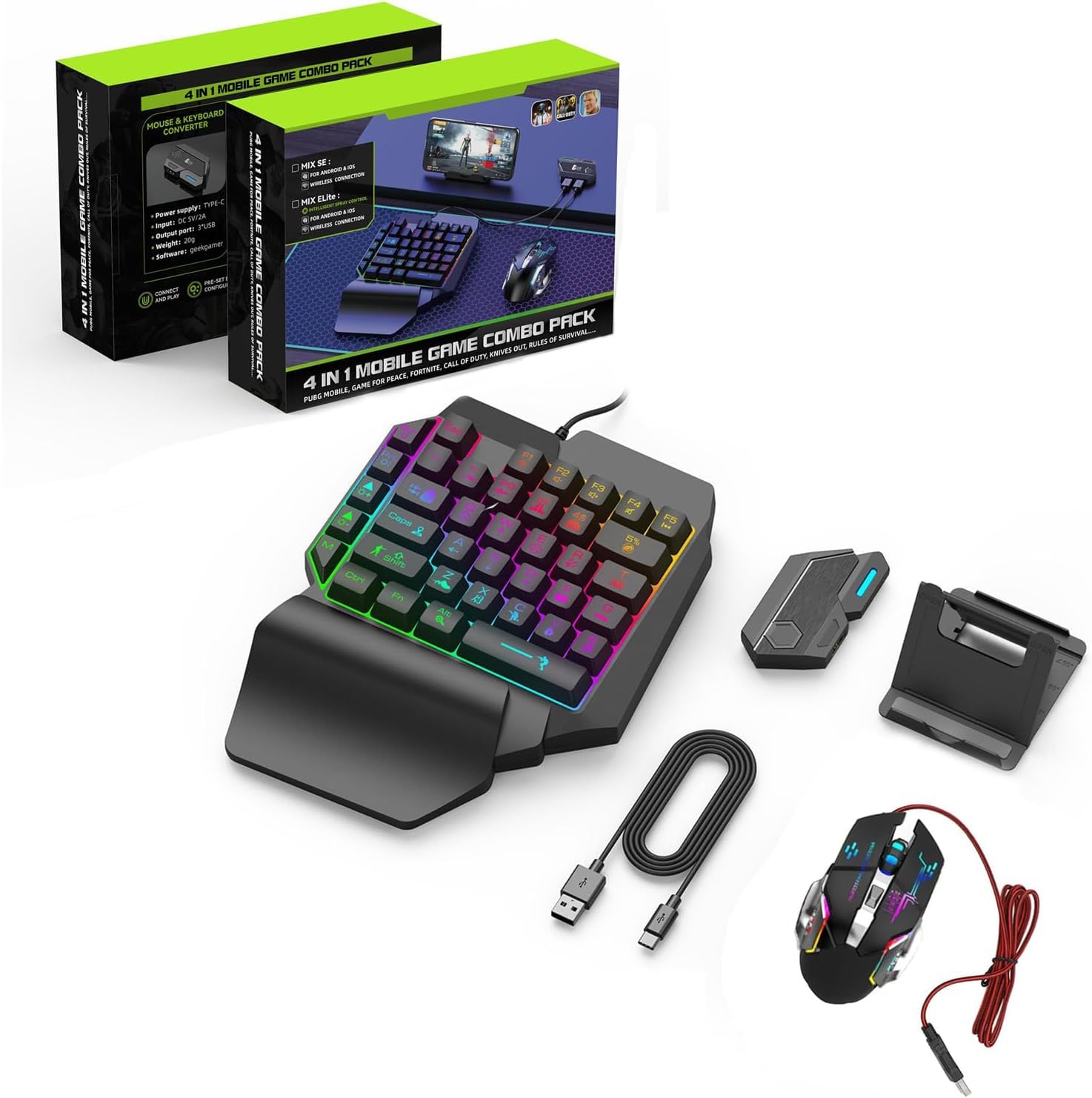 ترکیبی از کیبورد و ماوس بازی Bewinner One Hand RGB، مجموعه کیبورد گیمینگ نیمه دست، کیبورد بازی موبایل 4 در 1 با مبدل ماوس، پایه تلفن قابل تنظیم برای رایانه شخصی