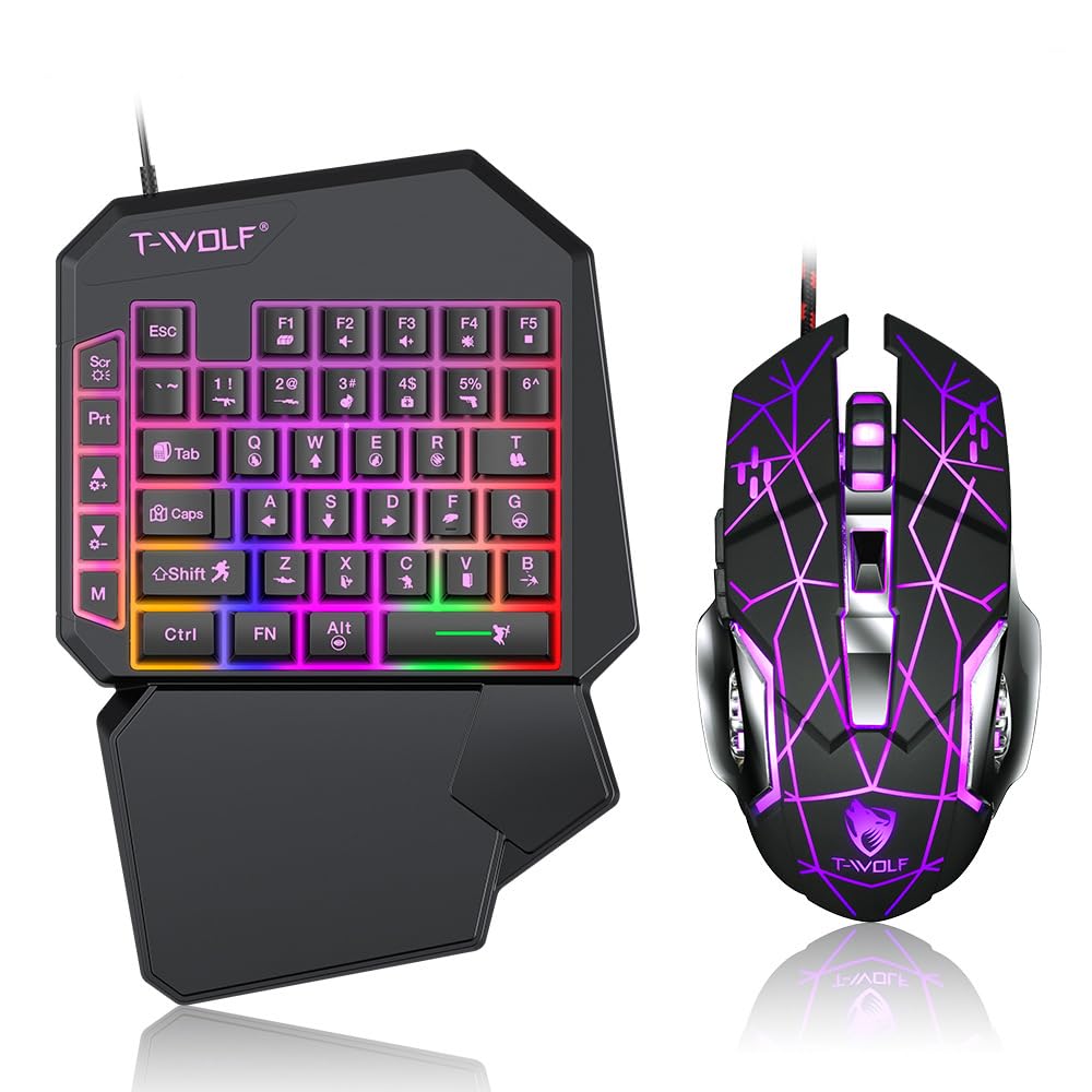کیبورد و ماوس مکانیکی تک دستی DMG TECH، دارای نور پس زمینه 40 کلید RGB با موس بازی 3600 DPI، مجموعه سیمی ارگونومیک قابل حمل برای گیمرهای رایانه شخصی، لوحة مفاتيح وماوس ميكانيكية للألعاب