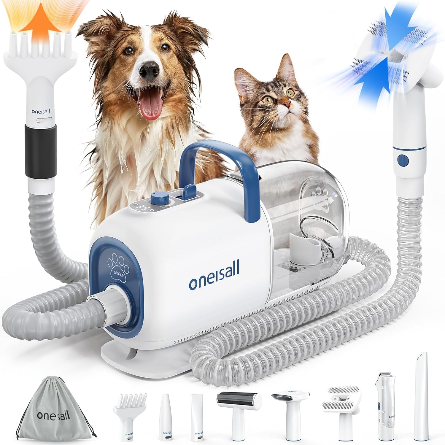 oneisall 8 in 1 Pet Grooming Vacuum Dryer Kit Metal Blade Clippers,BM1 | جارو برقی، خشک کن و گیره 3 در 1. مکش کامل گرفتن تمام موهای حیوانات خانگی. 7 حالت ضربه دما قابل تنظیم. صدای کم زیر 60 دسی بل