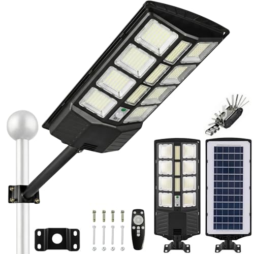 چراغ های خیابانی خورشیدی سبک در فضای باز ضد آب 60000LM LED های خورشیدی پارکینگ چراغ های غروب تا طلوع خورشیدی حرکت خورشیدی نور سیل سنسور زاویه باز و کنترل از راه دور برای محوطه روشنایی قطب منطقه (1800W 1 PACK)