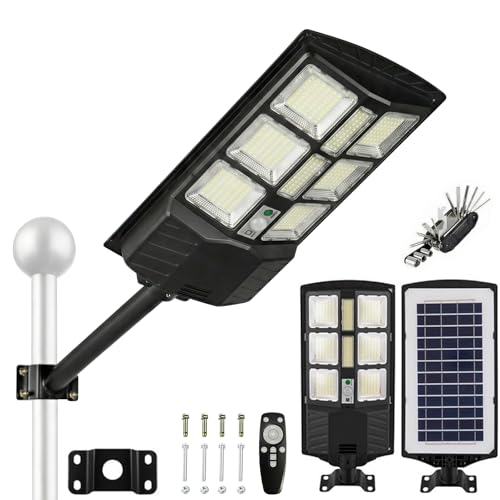 چراغ های خیابانی خورشیدی سبک در فضای باز ضد آب 40000LM LED های خورشیدی پارکینگ چراغ های غروب تا طلوع خورشیدی حرکت خورشیدی نور سیل سنسور زاویه باز و کنترل از راه دور برای محوطه روشنایی قطب منطقه (1400W 1 PACK)