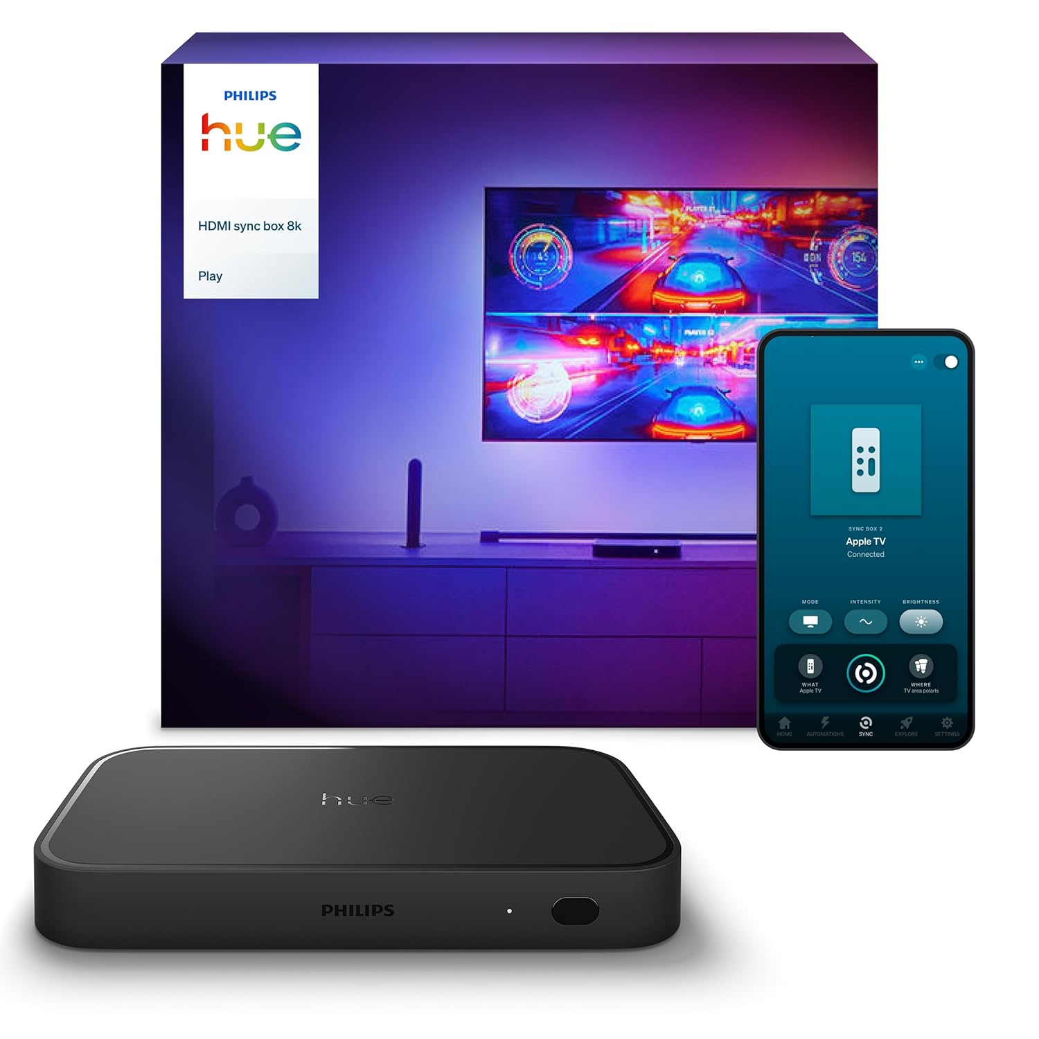 Philips Hue Play HDMI sync Box 8K - تا 10 Hue Light را با بازیهای ویدیویی، فیلمها و موسیقی شما همگامسازی میکند - به Hue Bridge نیاز دارد - پشتیبانی از Dolby Vision HDR10+ - کنترل با برنامه Hue