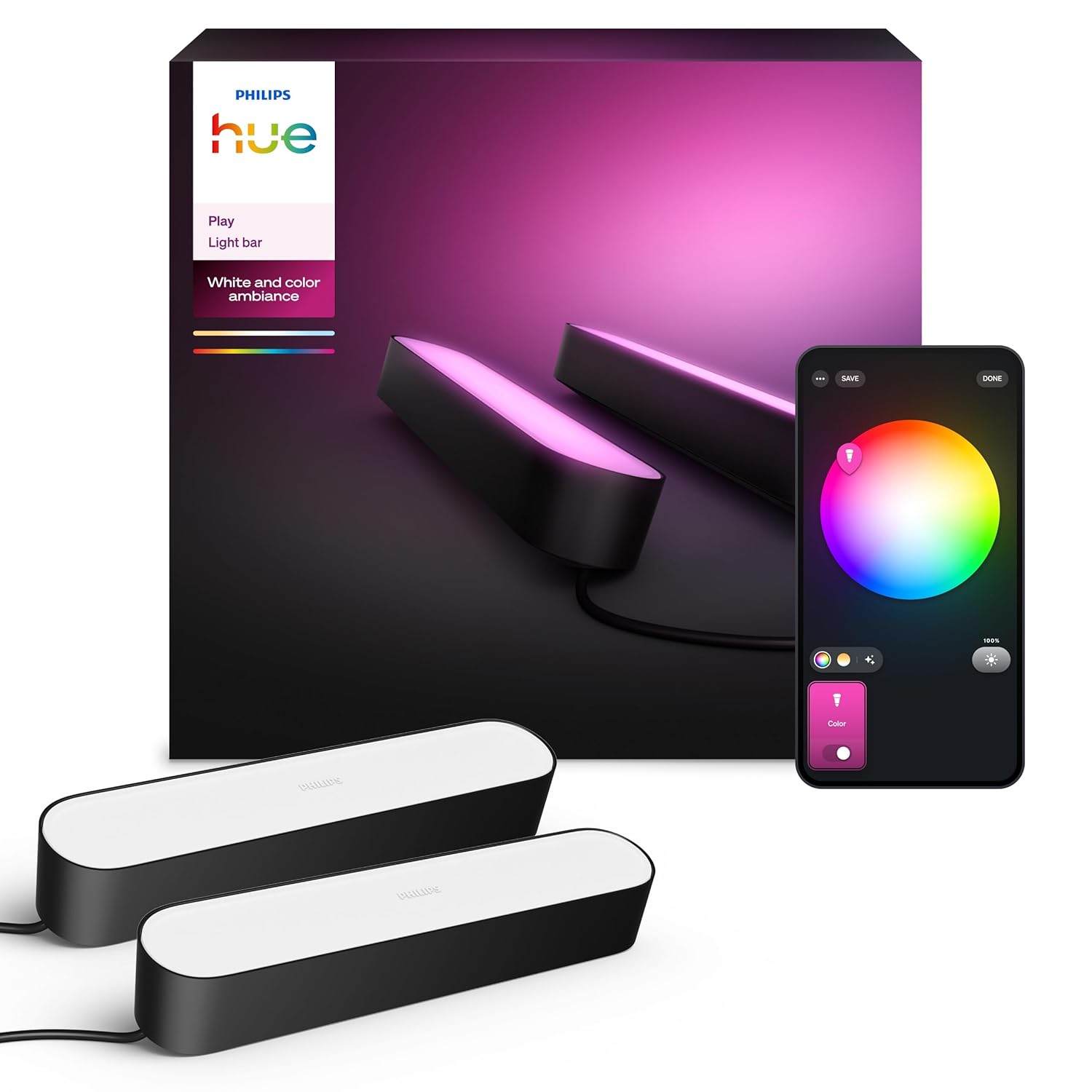 PHILIPS Hue Play White and Color Ambiance Smart Light Entertainment Lighting برای تلویزیون و بازی (با الکسا، Google Assistant و Apple HomeKit کار می کند)، مشکی، 2 تعداد (بسته 1 عددی)