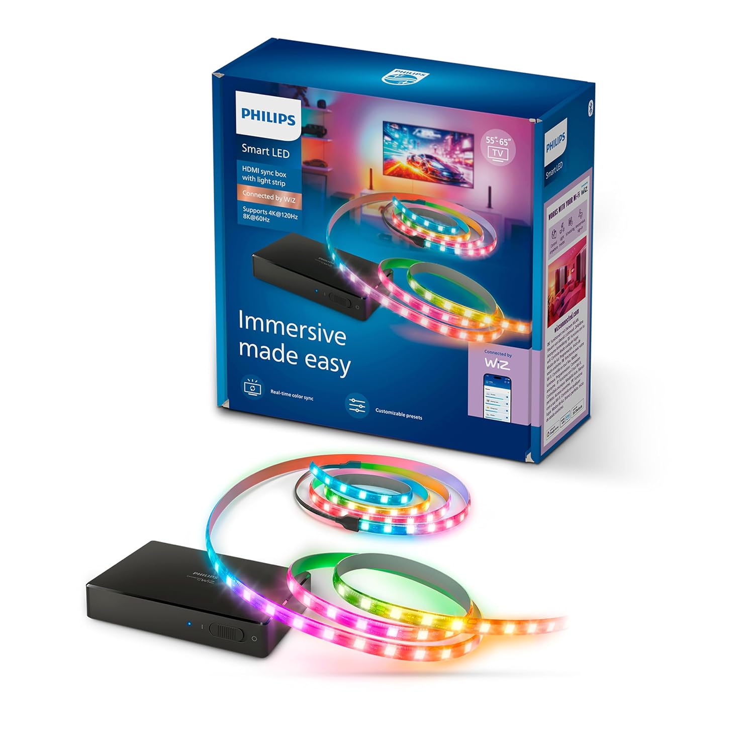 Philips Smart Lighting HDMI 2.1 Sync Box 8K با نور پس زمینه تلویزیون 55-65 اینچ RGBIC LED Lightstrip باریک تولید مثل نور قابل تنظیم نور تک نصبی تلویزیون بازی های فیلم تلویزیونی حلقه HDMI مورد نیاز است