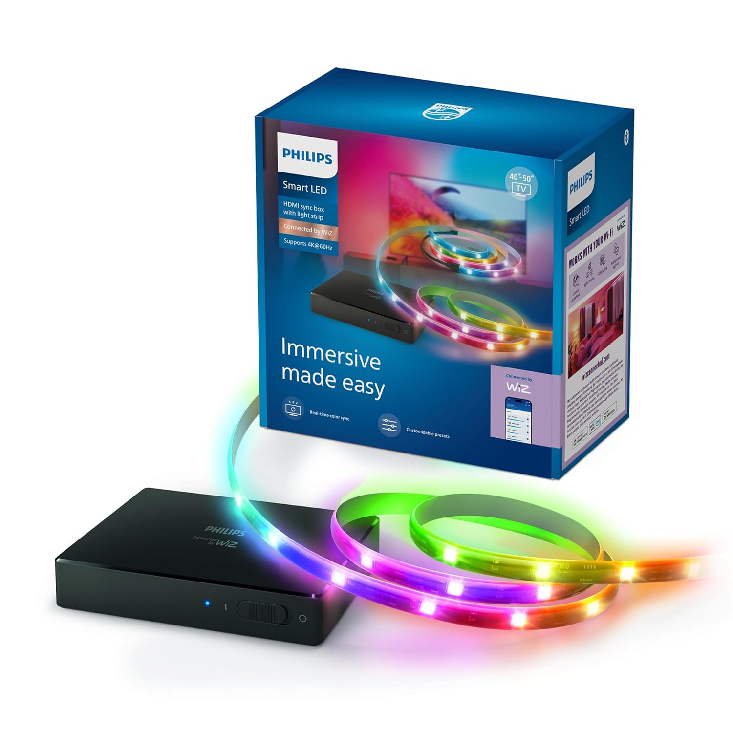 جعبه همگامسازی HDMI روشنایی هوشمند فیلیپس با نور پسزمینه تلویزیون، نوار LED RGBIC برای تلویزیونهای 40 تا 50 اینچی، همگامسازی شده با فیلم، موسیقی، HDMI 2.0، 4K @ 60 هرتز، متصل توسط WiZ، منبع ویدیوی خارجی مورد نیاز است