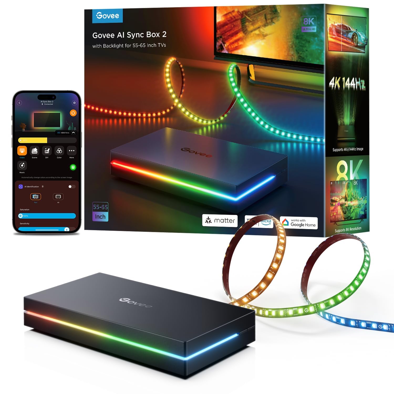 Govee AI HDMI 2.1 Sync Box Kit 2، نوار LED تلویزیون RGBIC، با ماده کار می کند | پشتیبانی از 8K@60Hz و 4K@144Hz VRR ALLM، 75 LED/m برای تلویزیون های 55-65 اینچی، نوار LED نور پس زمینه تلویزیون RGBIC