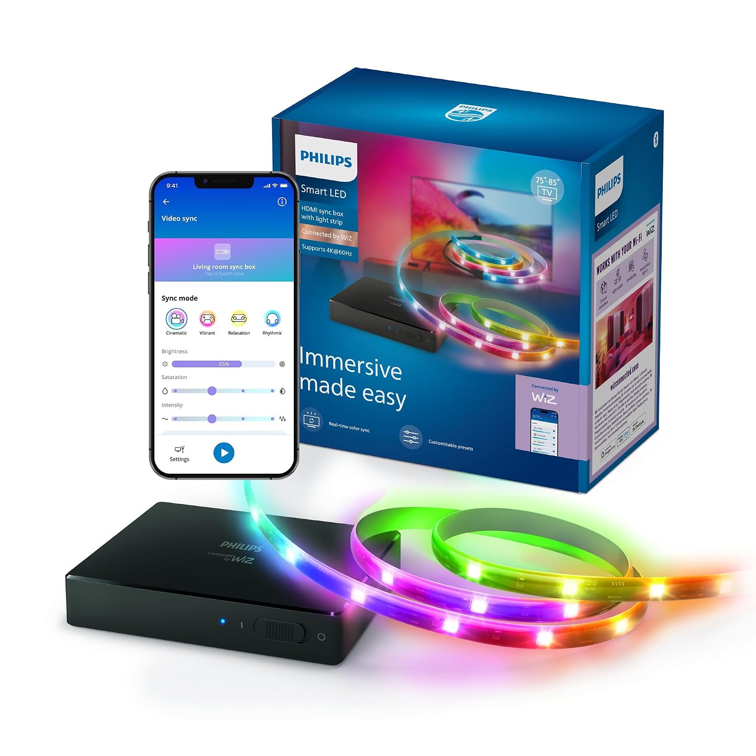 جعبه همگامسازی HDMI روشنایی هوشمند فیلیپس با نور پسزمینه تلویزیون، نوار LED RGBIC برای تلویزیونهای 75-85 اینچی، همگامسازی شده با فیلم، موسیقی، HDMI 2.0، 4K @ 60 هرتز، متصل توسط WiZ، منبع ویدیوی خارجی مورد نیاز است