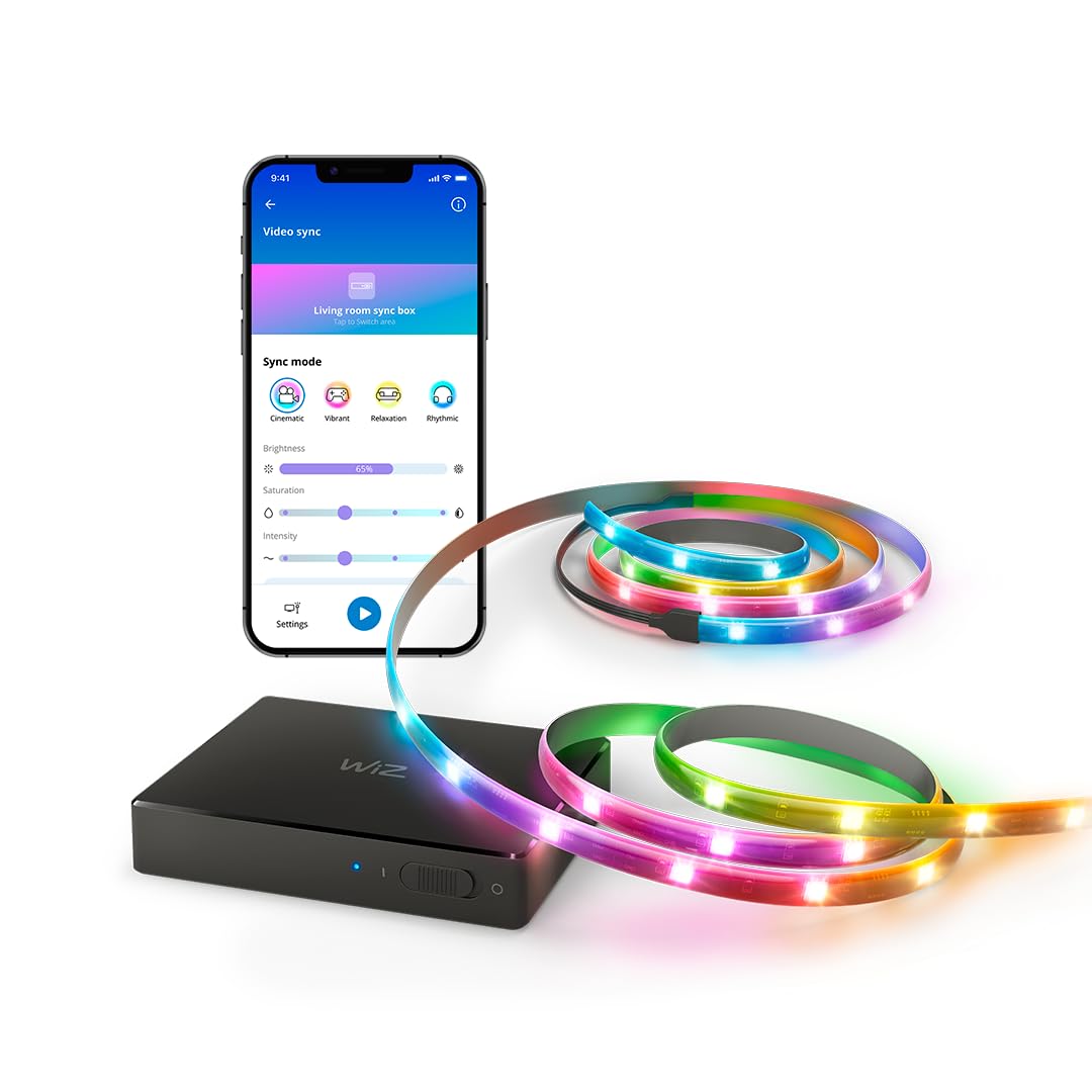 جعبه همگام سازی WiZ HDMI با نور پس زمینه تلویزیون - همگام سازی چراغ ها با فیلم، بازی و موسیقی - نوار LED RGBIC برای تلویزیون 55-65 اینچی - کنترل برنامه - سازگار با گوگل و الکسا