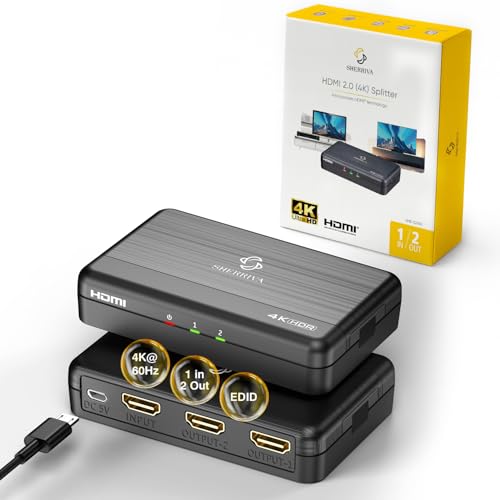 4K HDMI Splitter 1 in 2 Out (فقط آینه) – HDMI 2.0 4K@60Hz, 1080p@240Hz | کاهش مقیاس خودکار، 18 گیگابیت بر ثانیه، HDCP 2.2، تشخیص قدرت هوشمند، صفحه نمایش تکراری برای مانیتورهای دوگانه برای تلویزیون، مانیتور، PS5، Xbox