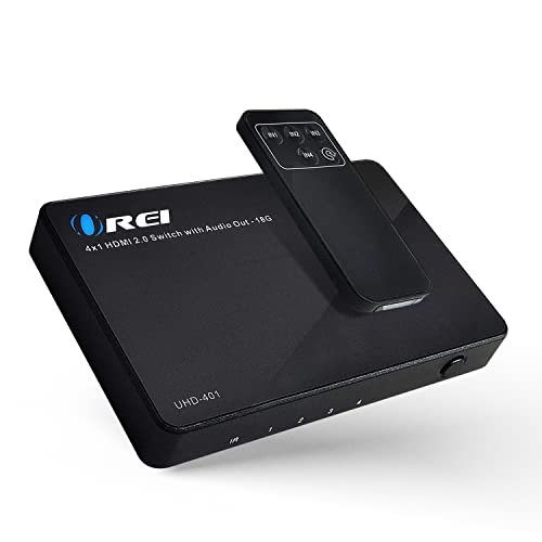OREI Ultra HDMI 4 x 1 Switcher 18G Audio Extractor IR Remote - پشتیبانی از حداکثر 4K @ 60Hz - (4 ورودی، 1 خروجی) سوئیچ، هاب، پورت برای کابل، تلویزیون HD، لپ تاپ، مک بوک و موارد دیگر (UHD-401) | سوئیچ hdmi با کنترل از راه دور، سوئیچ hdmi 4x1 4k، HDR10+، Dolby Vision، HDCP 2.3، استخراج کننده صدا، کنترل IR