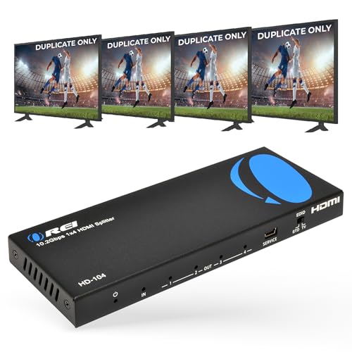 OREI 4K 1x4 HDMI Splitter by - 1 Port to 4 HDMI Display Duplicate/Mirror - Powered Splitter Ver 1.4 دارای گواهینامه Full HD 1080P با وضوح بالا و پشتیبانی سه بعدی (یک ورودی به چهار خروجی) - HD-104 مشکی
