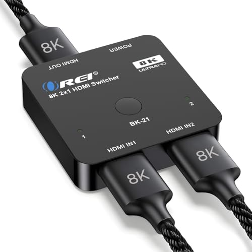 OREI 8K 2x1 HDMI Switch 4K@120hz - انتخابگر خودکار HDMI 48Gbps سوئیچ با وضوح بالا بین 2 ورودی مناسب برای بازی، PS5، Xbox، HDR10، Dolby Vision | سوئیچ hdmi 2 in 1 out, hdmi 2.1 switch 4k 120hz, 48Gbps, HDR10, Dolby Vision, PS5/Xbox, IR Remote