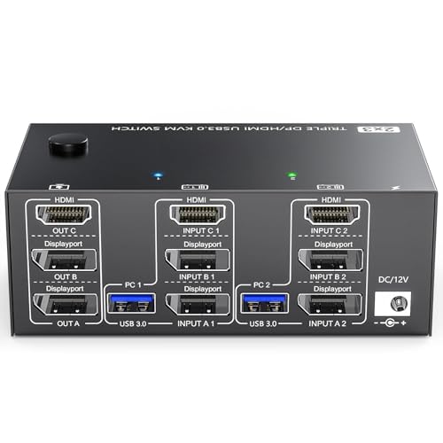 KVM Switch 3 مانیتور، 2 کامپیوتر 8K@60Hz 4K@144Hz، 2 Displayport + HDMI USB3.0 KVM Switch سه مانیتور با 4 پورت USB 3.0 برای آداپتور برق سیمی موس کیبورد و 5 کابل شامل