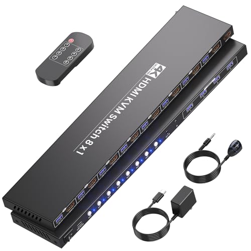 سوئیچ 8 پورت KVM، سوئیچ USB 3.0 4K60Hz HDMI KVM 1 مانیتور 8 رایانه برای 8 رایانه به اشتراک گذاری 1 مجموعه مانیتور ماوس صفحه کلید و 4 پورت USB 3.0