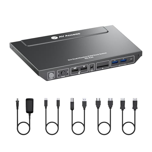 AV Access KVM Switch Docking Station برای 2 مانیتور، 2 کامپیوتر، 4K KVM Switch Dual Monitor برای لپ تاپ و دسکتاپ، EDID، اترنت 1G، شارژ 100W USB-C، 3X USB 3.0، ایده آل برای دفتر خانگی و بازی