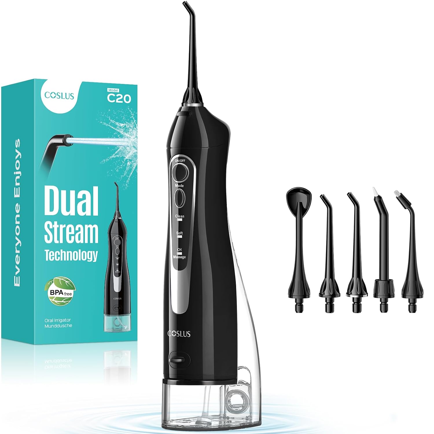فلوسر آب قابل حمل COSLUS C20 برای مراقبت از بریس و لثه، مخزن بزرگتر 300ML | آبیاری حرفه ای دهان برای تمیز کردن عمیق، قابل شارژ، ضد آب، بدون BPA، استفاده در سفر و منزل، مشکی