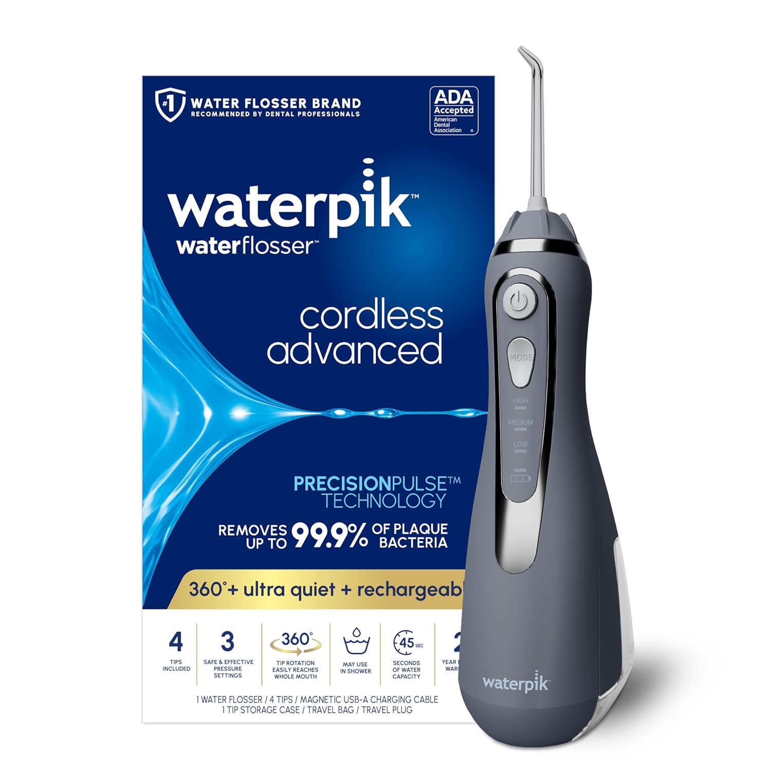 Waterpik Cordless Advanced 2.0 Water Flosser برای دندان ها، لثه ها، بریس ها، مراقبت از دندان با کیف مسافرتی و 4 نکته، مورد قبول ADA، قابل شارژ، قابل حمل و ضد آب، خاکستری WP-587، بسته بندی ممکن است متفاوت باشد | 3 تنظیمات، 4 نکته، کیف مسافرتی، برای لثه، دندان، بریس دندان، ایمپلنت، استفاده از حمام مورد قبول ADA بسته بندی WP-587 ممکن است متفاوت باشد