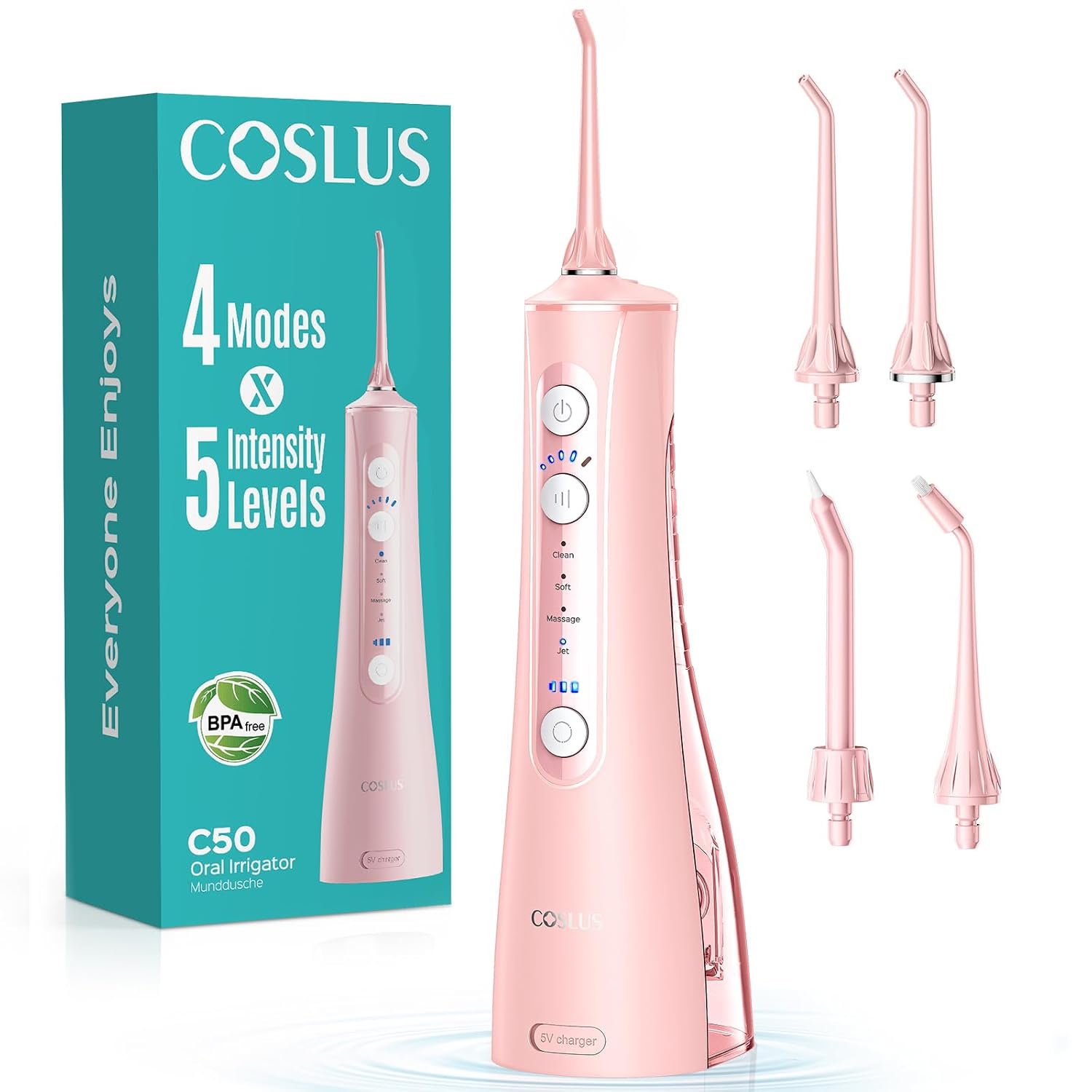 آب نخ دندان قابل حمل COSLUS C50 برای دندان، 4 حالت و 5 شدت | برای مراقبت از بریس ها و لثه ها - شستشوی دهان و دندان بدون سیم برای سفر، چند کاربر خانواده، بدون BPA (صورتی) خيط مائي للأسنان
