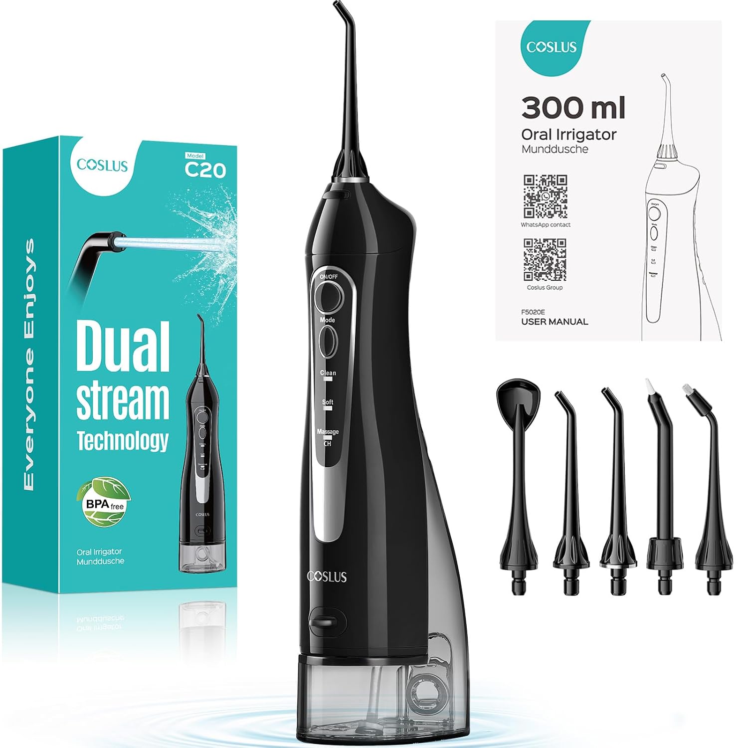 فلوسر آب حرفه ای COSLUS C20 برای مراقبت از دندان، بریس و لثه | آبیاری دهان شارژی، تمیز کننده عمیق، قابل شارژ، ضد آب، بدون BPA، قابل حمل، مناسب برای خانه و مسافرت، مشکی