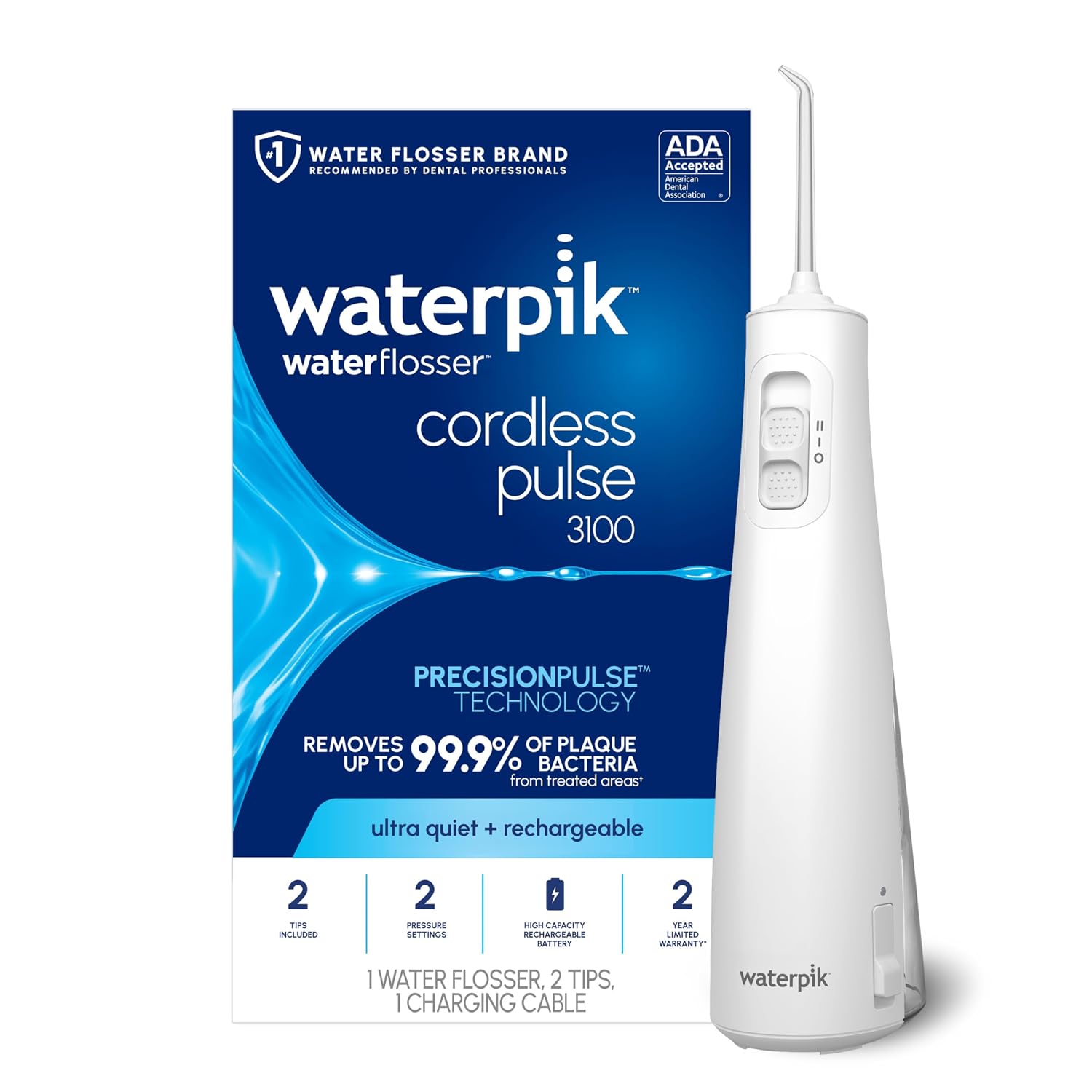 Flosser آب قابل شارژ قابل حمل پالس شارژی Waterpik برای مراقبت از دندان، لثه، بریس و مسافرت با 2 نخ دندان، ضد آب، ADA پذیرفته شده، WF-20 سفید، بسته بندی ممکن است متفاوت باشد
