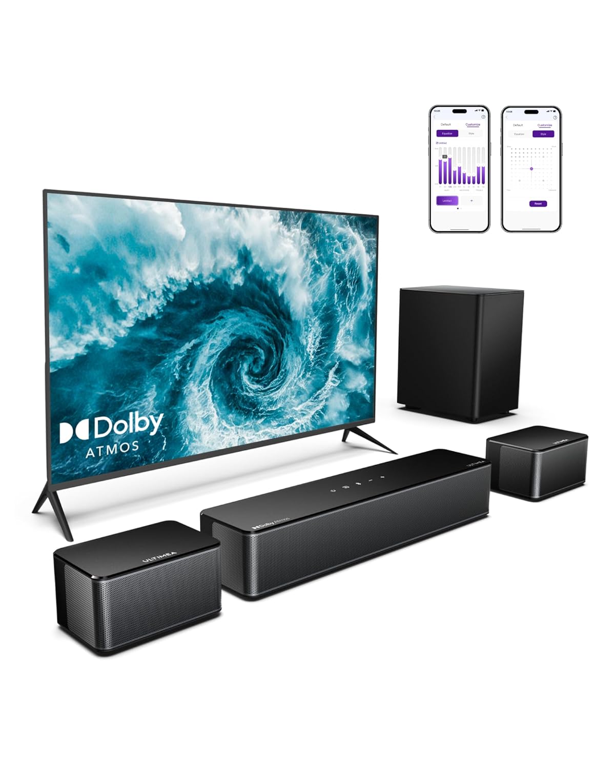 نوار صوتی ULTIMEA 5.1ch با Dolby Atmos، سیستم صدای فراگیر 410 واتی، نوار صوتی برای تلویزیون با ساب ووفر بیسیم و 2 بلندگوی عقب، کنترل برنامه، سینمای خانگی قابل تنظیم فراگیر و باس، Poseidon D60 | 5.1 فراگیر، حداکثر 410 وات، 2 بلندگوی عقب، ساب ووفر بیسیم، کنترل برنامه، BassMX، باس قابل تنظیم، 121 پیش تنظیم EQ